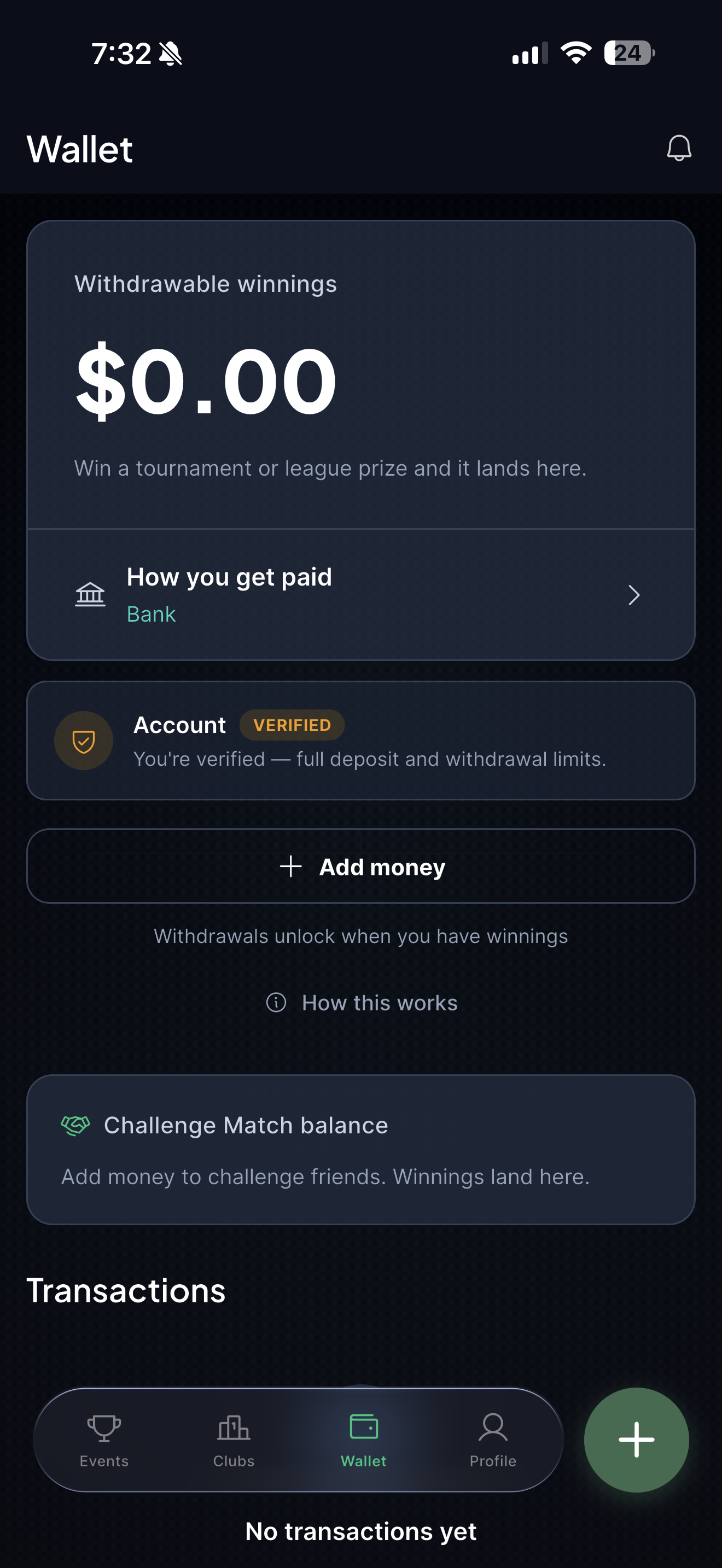 Skedge Wallet — withdrawable winnings balance, verified account status, and payout method